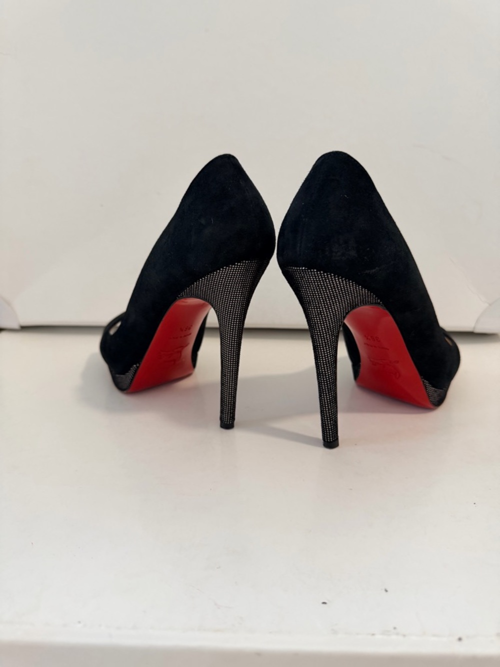 Christian Louboutin Black Suede Pumps with Red Soles and Sparkle Heels